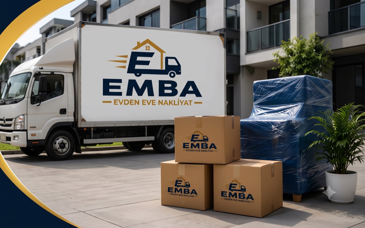 EMBA Nakliyat taşıma aracı ve paketlenmiş eşyalar bir apartman önünde
